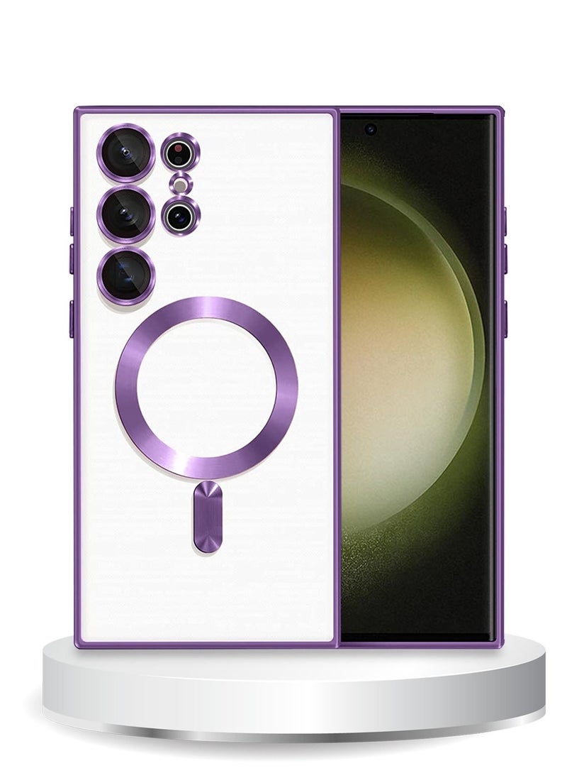Raxoom MagSafe Magnetic Wireless Charging Compatible Luxury Plating Case Cover With Camera Lens Protector For Samsung Galaxy S23 Ultra 5G â€“ Shockproof, Scratch-Resistant, Slim Fit â€“ Clear/Purple - Image 1