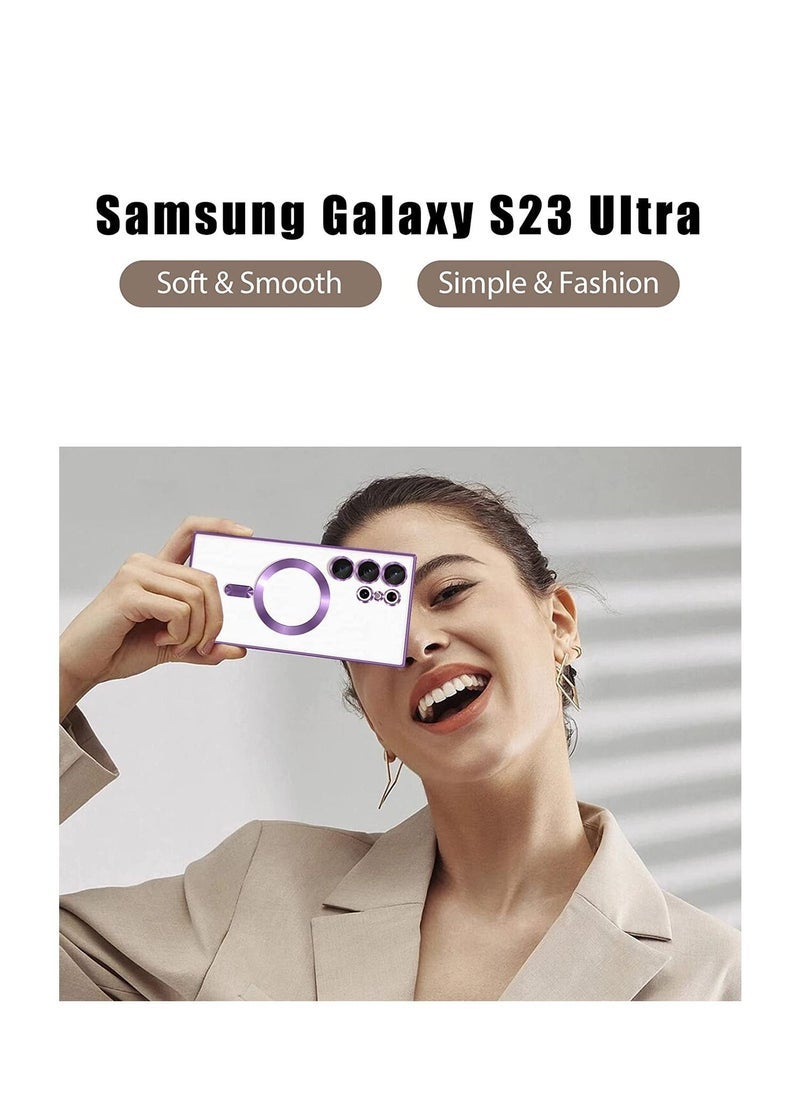 Raxoom MagSafe Magnetic Wireless Charging Compatible Luxury Plating Case Cover With Camera Lens Protector For Samsung Galaxy S23 Ultra 5G â€“ Shockproof, Scratch-Resistant, Slim Fit â€“ Clear/Purple - Image 4