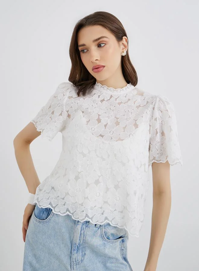 Take Two Women White Floral Embroidered Top