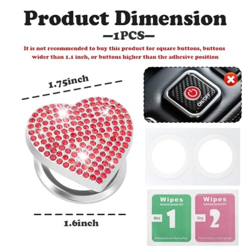 Heart Shaped Push Start Button Cover 1.75 x 1.60 x 0.63 Inch Red Rhinestone - Sparkling Diamond Heart Design Push to Start Button Decoration - Durable Zinc Alloy Construction Waterproof Engine Start B - Image 2
