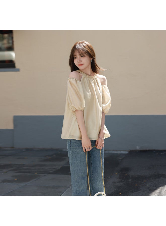 Mt Atmosphere-Rich Summer Korean Style Pure Color Off-Shoulder Round Neck Silk Top - Image 4