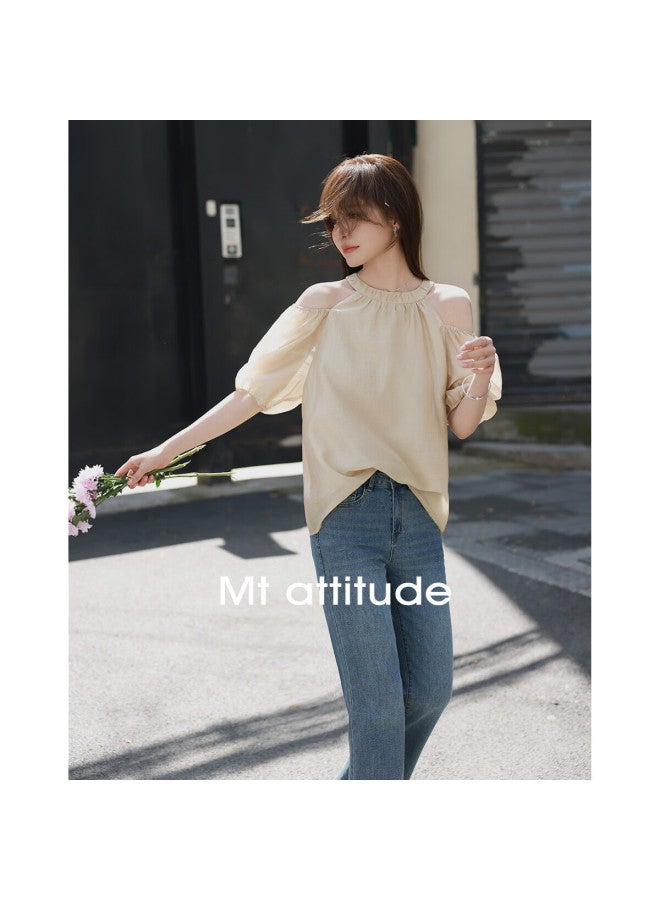 Mt Atmosphere-Rich Summer Korean Style Pure Color Off-Shoulder Round Neck Silk Top - Image 1