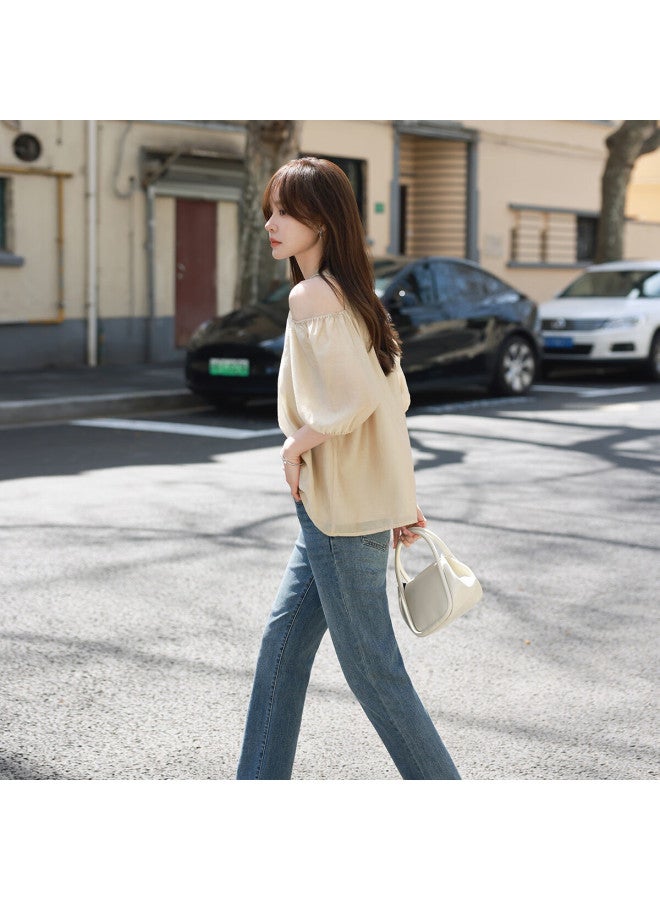 Mt Atmosphere-Rich Summer Korean Style Pure Color Off-Shoulder Round Neck Silk Top - Image 5