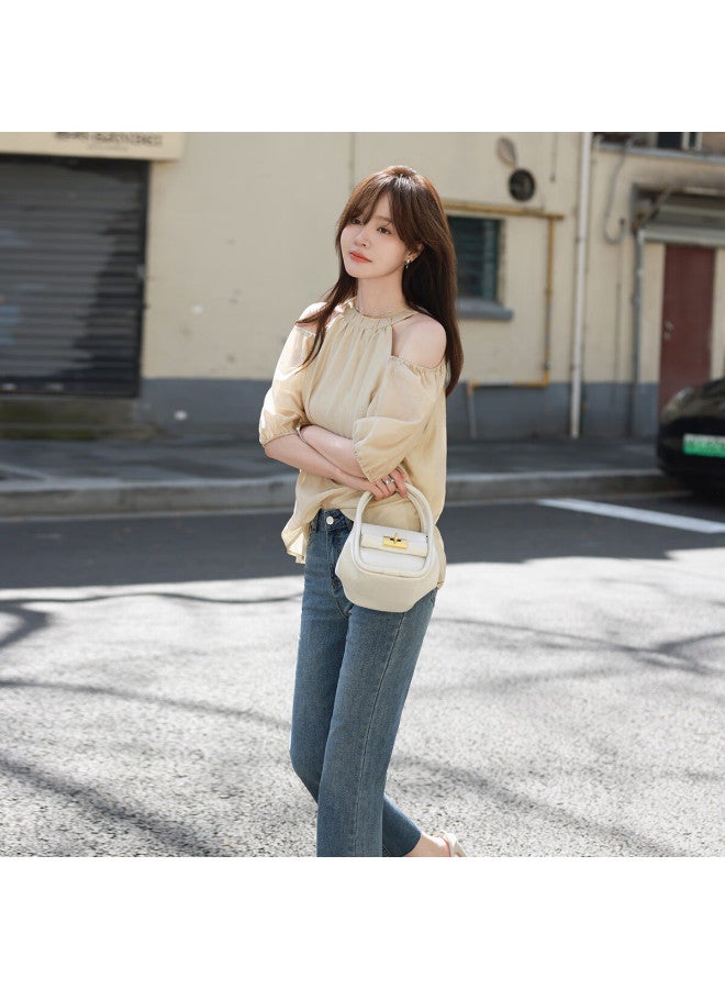 Mt Atmosphere-Rich Summer Korean Style Pure Color Off-Shoulder Round Neck Silk Top - Image 2