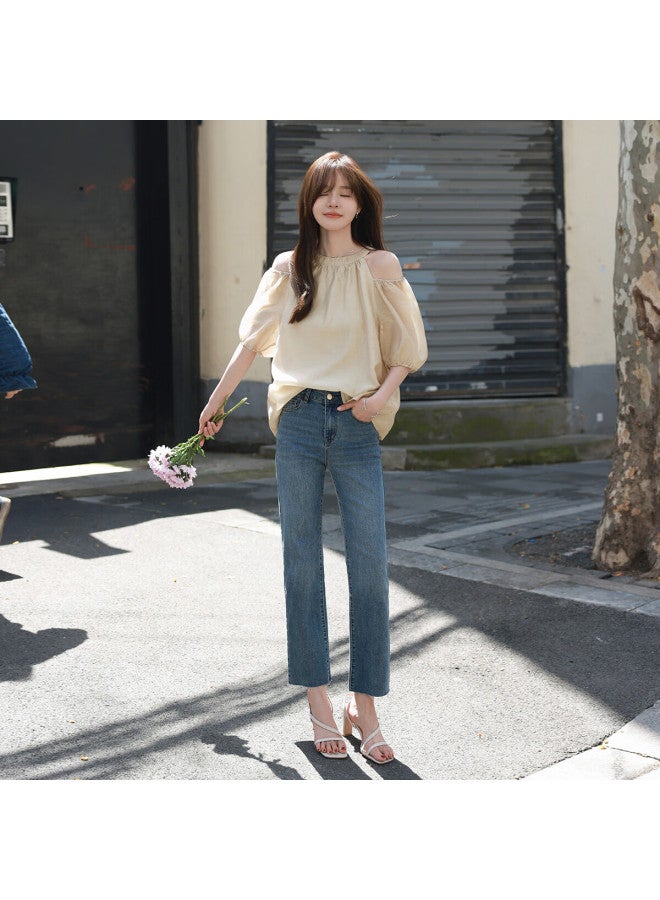 Mt Atmosphere-Rich Summer Korean Style Pure Color Off-Shoulder Round Neck Silk Top - Image 3