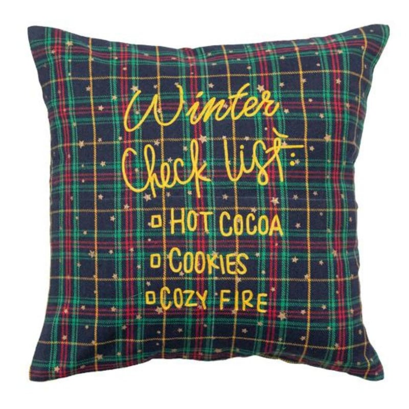 BAND BOX BAND BOX Winter Checklist Embroidery Cushion Cover 16 x 16 Size Cotton Fabric with Embroidered Cushion Cover for Living Room Sofa Couch Chair Cotton Pillow Cover 