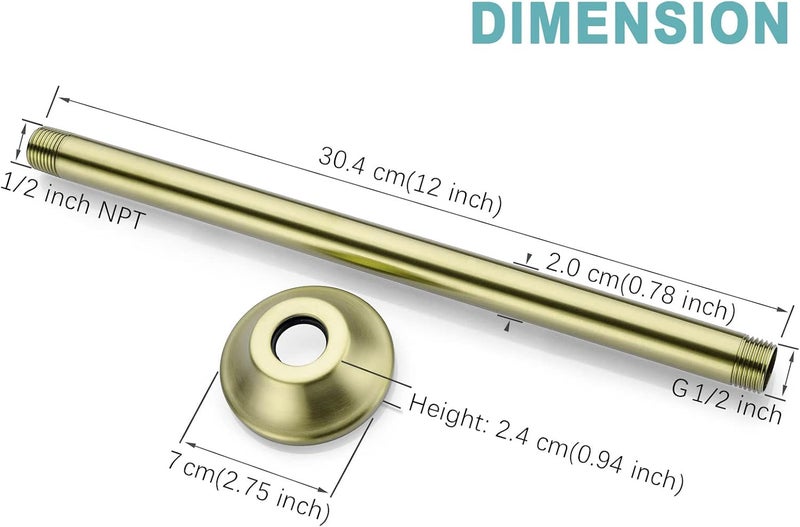 Bestill 12 Inch Ceiling Mount Rain Shower Head Arm and Flange, Brushed Gold - Image 4