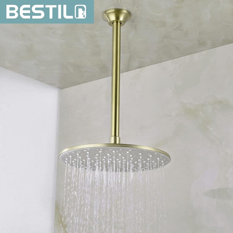 Bestill 12 Inch Ceiling Mount Rain Shower Head Arm and Flange, Brushed Gold - Image 2