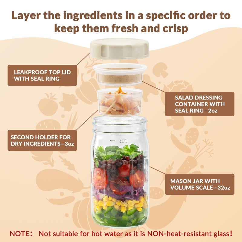 SOLIGT 4 Pack Glass Salad Jars with Lids Meal Prep, Leakproof Container for Lunch, Two Small Built-in Boxes with Wet/Dry Separation for Salad Dressing and Dry Ingredients, 32oz Mason Jars - Image 2