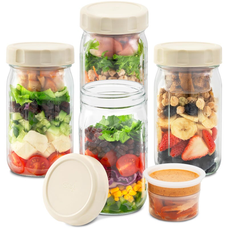 SOLIGT 4 Pack Glass Salad Jars with Lids Meal Prep, Leakproof Container for Lunch, Two Small Built-in Boxes with Wet/Dry Separation for Salad Dressing and Dry Ingredients, 32oz Mason Jars - Image 1