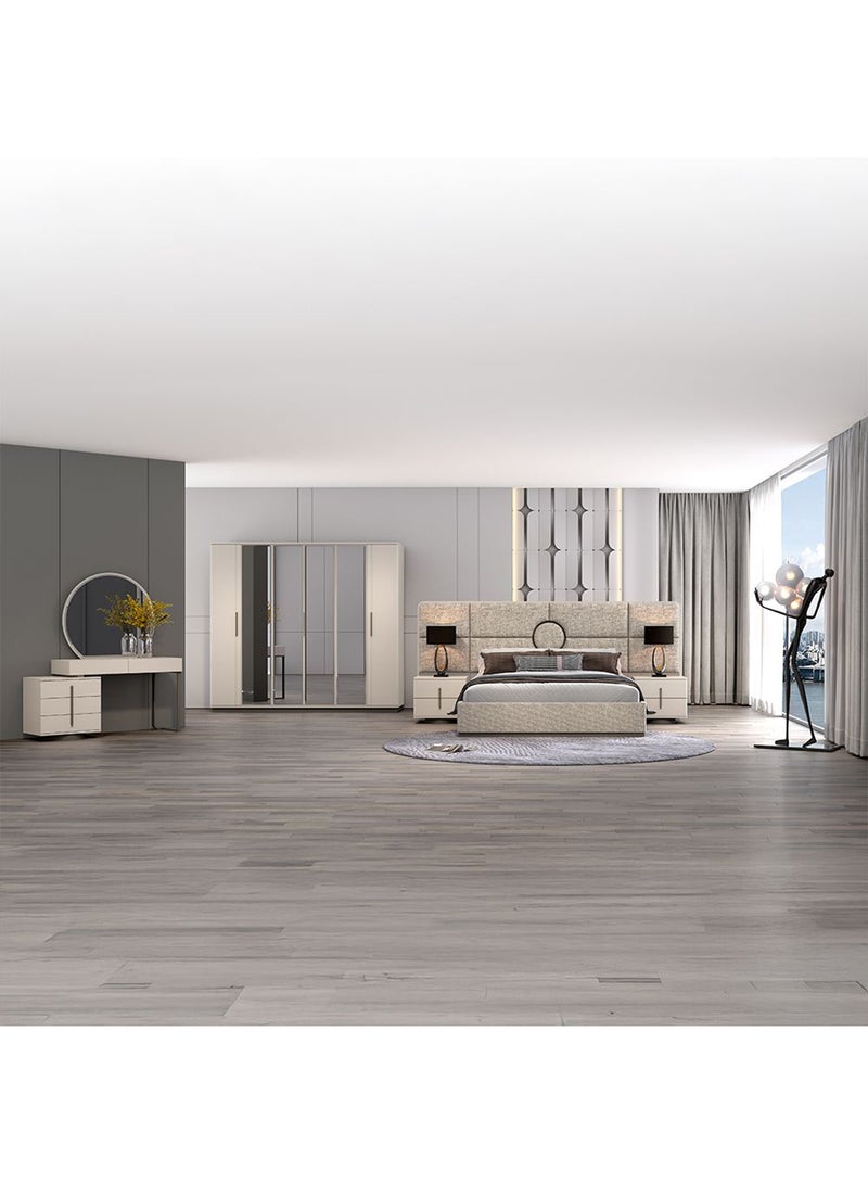 DANUBE HOME طقم سرير سوبر كينج مبطن Oru 200x200 مع 2 طاولة جانبية ودرج مع مرآة وكرسي | طقم سرير مريح | تصميم حديث متين من الخشب - بيج/بني - Image 1