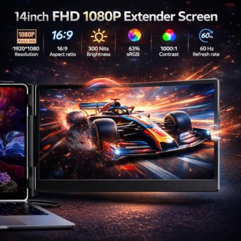 14" Portable Monitor for Laptop, FHD 1080P Laptop Screen Extender, Plug and Play USB-C HDMI Second Screen for 13 17" Laptops, Travel Monitor for Work Office Gaming - Image 2