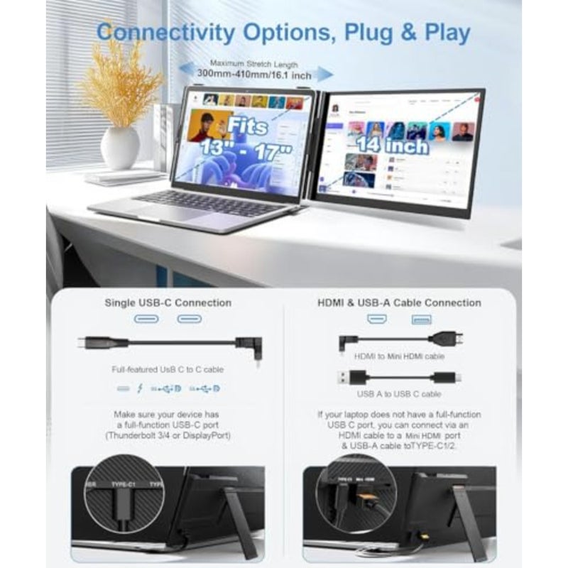 14" Portable Monitor for Laptop, FHD 1080P Laptop Screen Extender, Plug and Play USB-C HDMI Second Screen for 13 17" Laptops, Travel Monitor for Work Office Gaming - Image 4