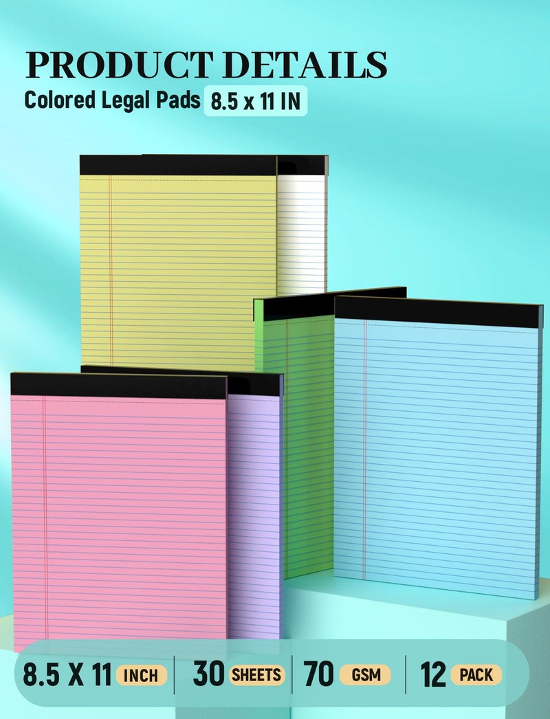 Aidunmis 12 Pack Legal Pads 8.5 x 11, College Ruled, 30 Sheets Per Colored Legal Pads 8.5 x 11, Perforated Lined Paper Pads 8.5 x 11, Writing Pads with Sturdy Backing, Note Pads for School, Office, Home - Image 2