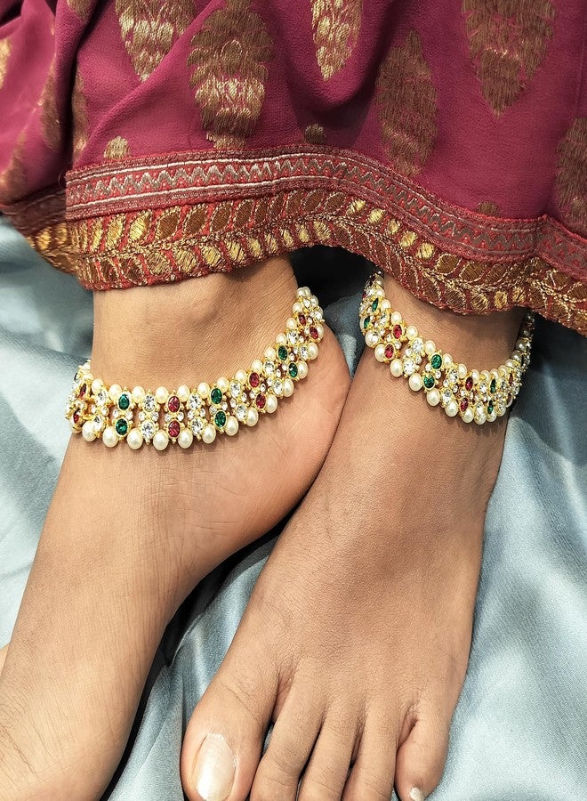 Efulgenz Indian Bridal Anklet Bollywood Crystal Faux Pearl Wedding Bridal Anklet Pair Bracelet Payal Foot Jewelry for Women - Image 4