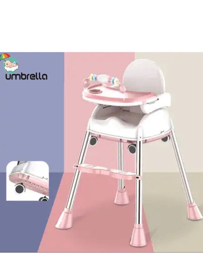 Umbrella 4 in 1 Convertible High Chair for Kids with Adjustable Height and Footrest, Baby Toddler Feeding Booster Seat with Tray, Wheels, Safety Belt and Cushion For 6 Months to 4 Years (pink) - Image 1