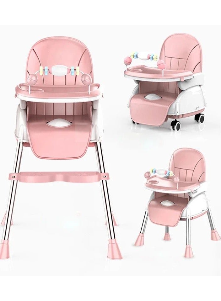 Umbrella 4 in 1 Convertible High Chair for Kids with Adjustable Height and Footrest, Baby Toddler Feeding Booster Seat with Tray, Wheels, Safety Belt and Cushion For 6 Months to 4 Years (pink) - Image 4