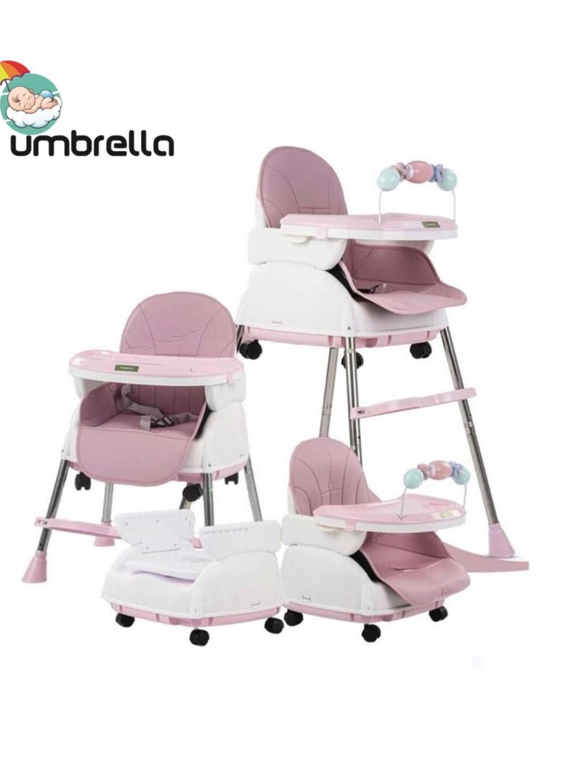 Umbrella 4 in 1 Convertible High Chair for Kids with Adjustable Height and Footrest, Baby Toddler Feeding Booster Seat with Tray, Wheels, Safety Belt and Cushion For 6 Months to 4 Years (pink) - Image 3