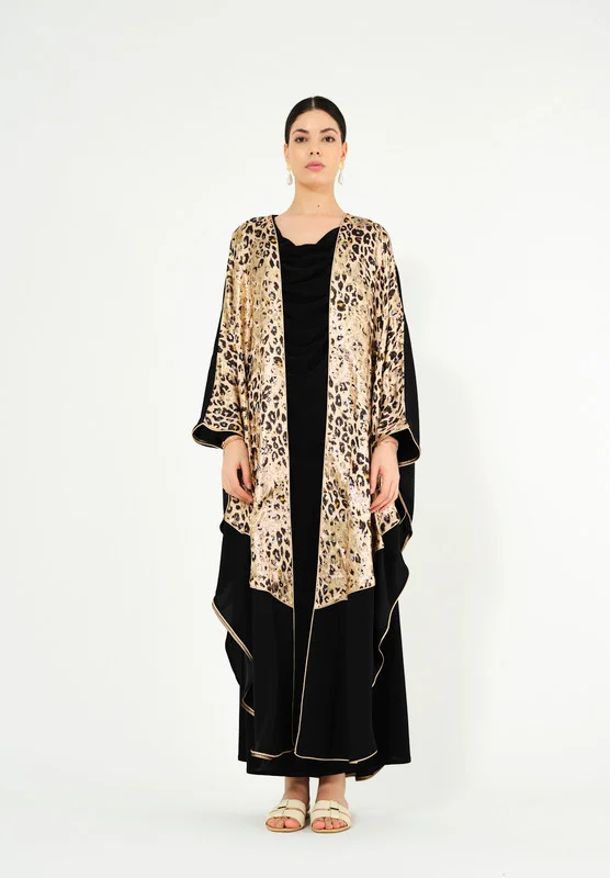 Thouq Beautiful Printed chiffon Jalabiya With Cowl Neckline With Long Sleeves