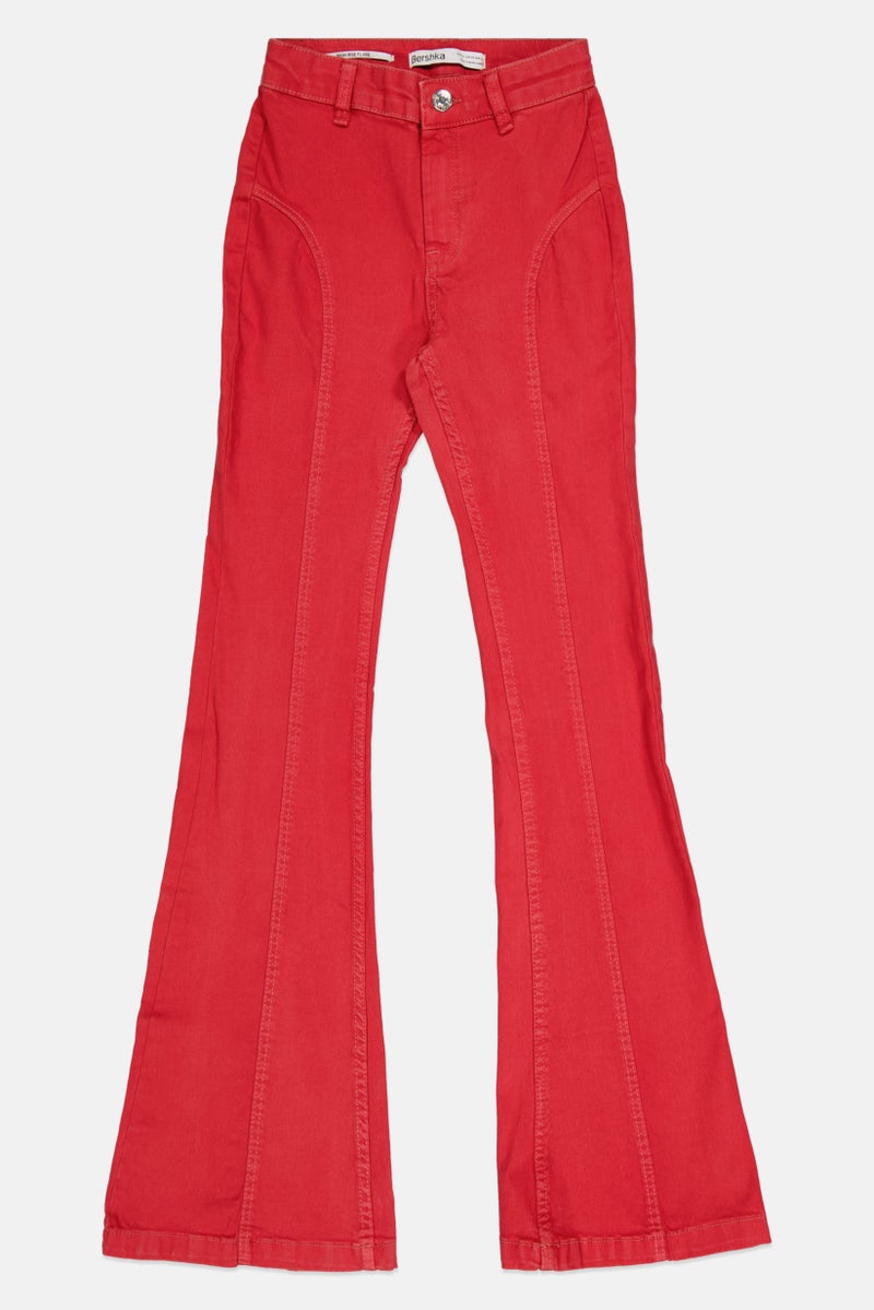 Bershka Women Regular Fit Plain Flare Pants, Red - Image 2