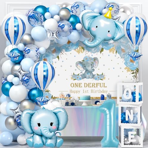 SNLN Elephant 1st Birthday Decorations Baby Boy First Birthday Supplies with Blue Balloon Arch Kit Backdrop Elephant Star Hot Ait Number 1 Foil Balloosn ONE Box Tablecloth One Year Old Bday Decor - Image 1