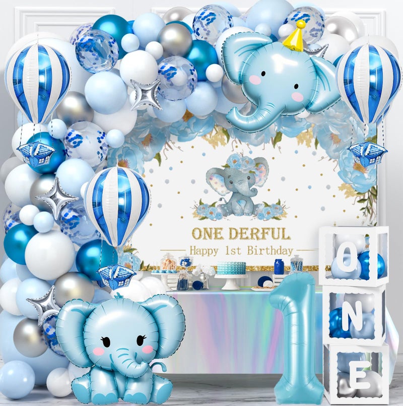 SNLN Elephant 1st Birthday Decorations Baby Boy First Birthday Supplies with Blue Balloon Arch Kit Backdrop Elephant Star Hot Ait Number 1 Foil Balloosn ONE Box Tablecloth One Year Old Bday Decor - Image 3