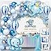 SNLN Elephant 1st Birthday Decorations Baby Boy First Birthday Supplies with Blue Balloon Arch Kit Backdrop Elephant Star Hot Ait Number 1 Foil Balloosn ONE Box Tablecloth One Year Old Bday Decor - Image 2