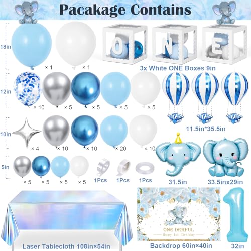 SNLN Elephant 1st Birthday Decorations Baby Boy First Birthday Supplies with Blue Balloon Arch Kit Backdrop Elephant Star Hot Ait Number 1 Foil Balloosn ONE Box Tablecloth One Year Old Bday Decor - Image 5