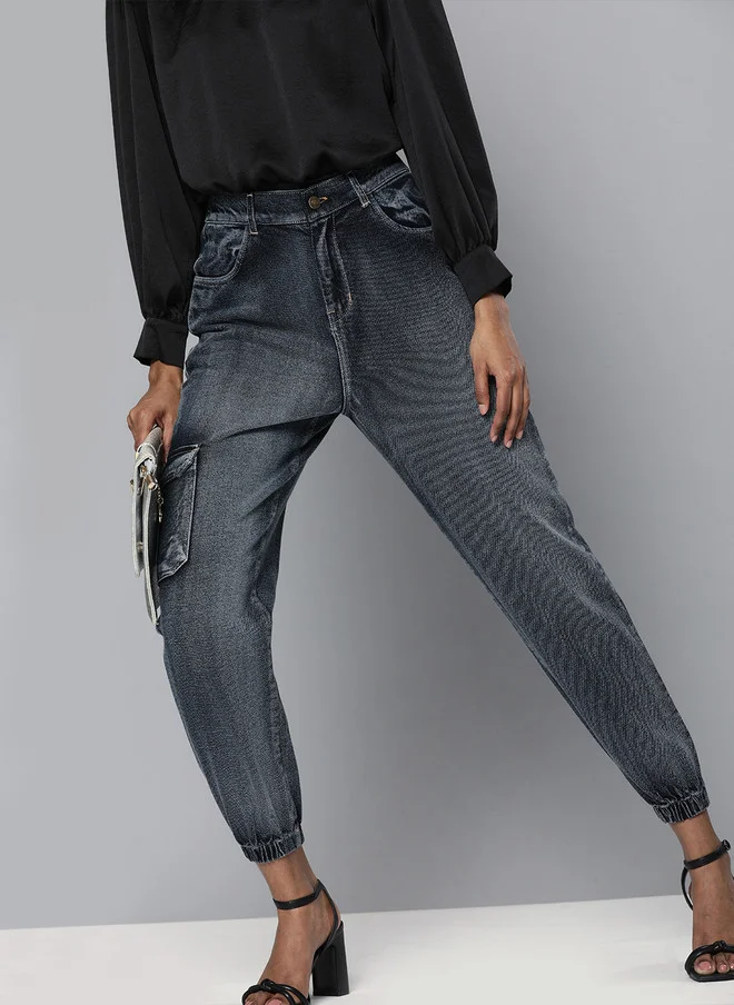 SASSAFRAS Navy Blue High-Rise Cropped Jogger Jeans for Women