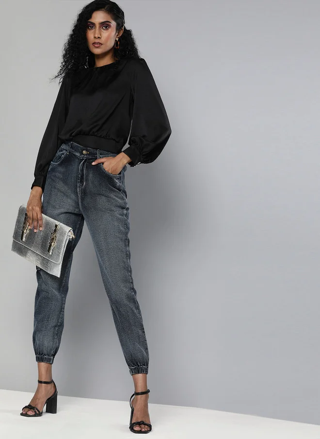 SASSAFRAS Navy Blue High-Rise Cropped Jogger Jeans for Women