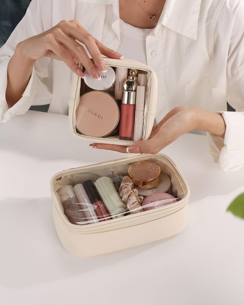 Pocmimut Mini Makeup Bag Clear Makeup Bag Cute Travel Makeup Bag Pouch Purse Car Essentials For Women Travel Essentials Organizers(Beige) - Image 3