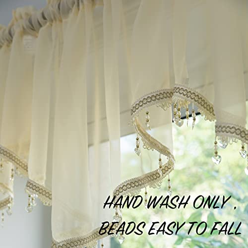 PearAge Beaded Sheer Valance Curtains for Living Room,Rod Pocket Farmhouse Window Valance, Bead Trim Tassel Voile Sheer Curtain Valance for Bedroom Bathroom Cafe 51x24 Inches (Beige) 1PC - Image 5