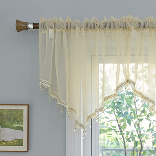 PearAge Beaded Sheer Valance Curtains for Living Room,Rod Pocket Farmhouse Window Valance, Bead Trim Tassel Voile Sheer Curtain Valance for Bedroom Bathroom Cafe 51x24 Inches (Beige) 1PC - Image 1