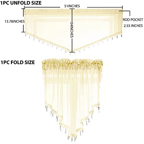 PearAge Beaded Sheer Valance Curtains for Living Room,Rod Pocket Farmhouse Window Valance, Bead Trim Tassel Voile Sheer Curtain Valance for Bedroom Bathroom Cafe 51x24 Inches (Beige) 1PC - Image 2
