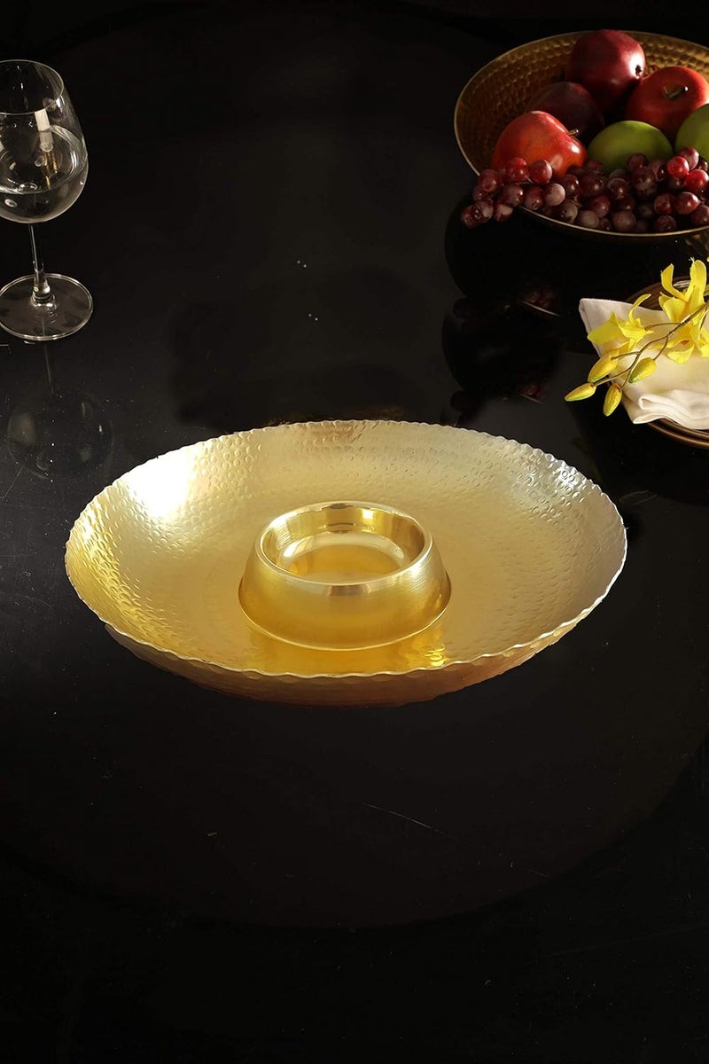 SAAGA Golden Chip n Dip Platter Dish Decorative Serving Platter 15x15x3In Dining Table Fancy Food Tray for Snacks - Image 1