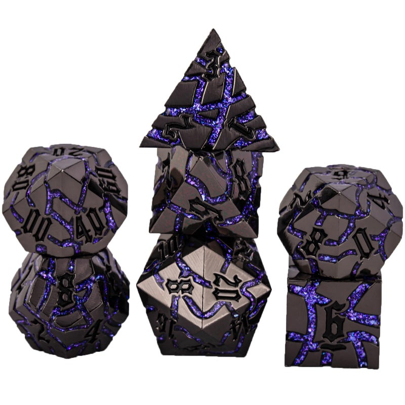 Maywin Cracked Rune Metal Dice Set for DND RPG Dark Fantasy Fractured Design Premium Heavy Metal Polyhedral Dice with Deep Engraved Numbers 7Piece Set Purple Arcane Vein - Image 3