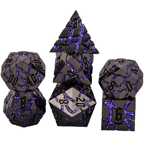 Maywin Cracked Rune Metal Dice Set for DND RPG Dark Fantasy Fractured Design Premium Heavy Metal Polyhedral Dice with Deep Engraved Numbers 7Piece Set Purple Arcane Vein - Image 1