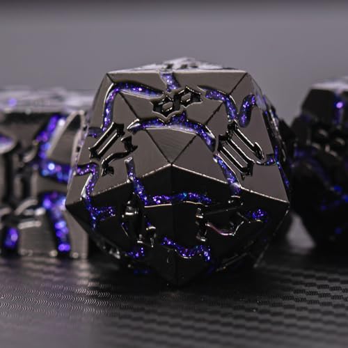 Maywin Cracked Rune Metal Dice Set for DND RPG Dark Fantasy Fractured Design Premium Heavy Metal Polyhedral Dice with Deep Engraved Numbers 7Piece Set Purple Arcane Vein - Image 5