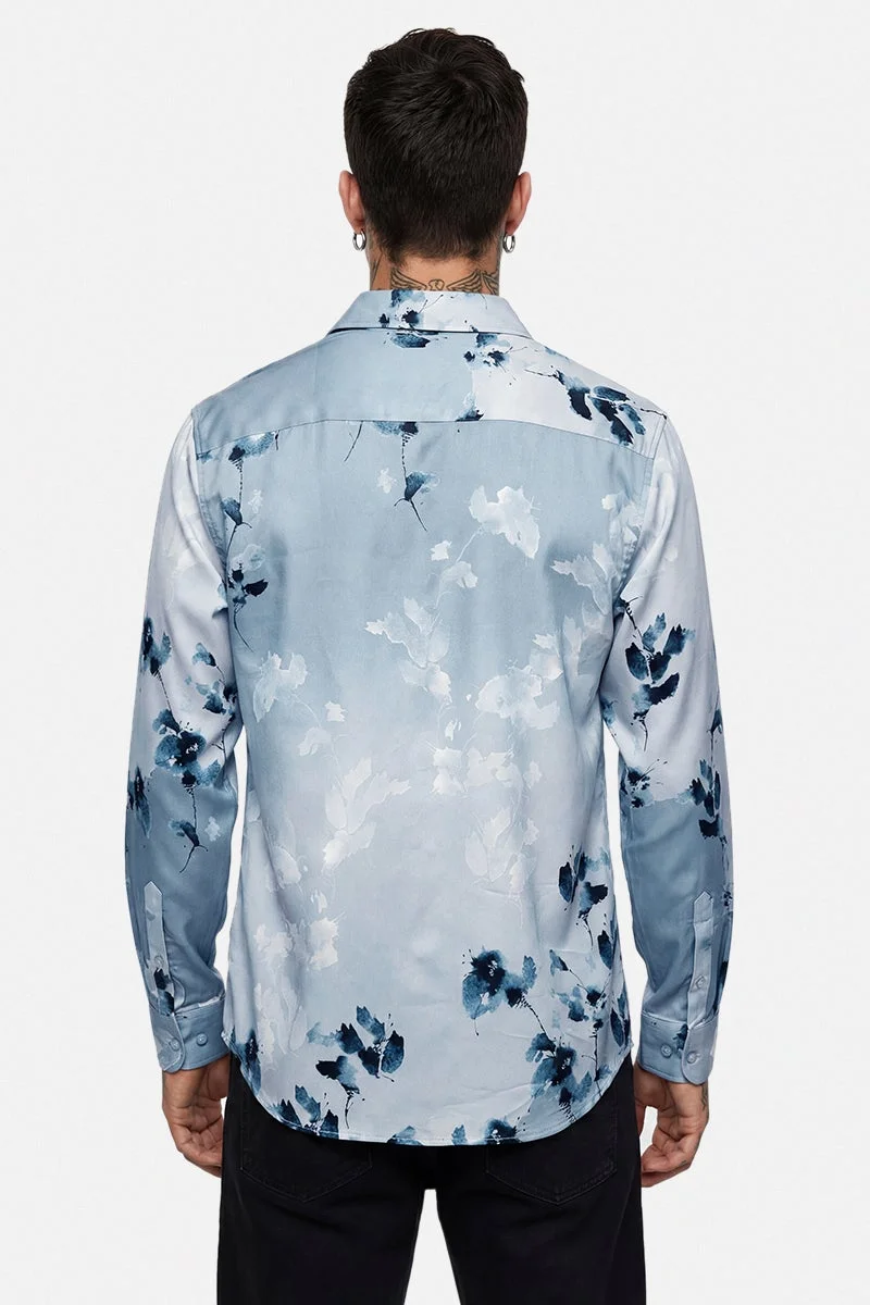 سنيتش Light Blue Floral Long Sleeve Slim Fit Party Shirt