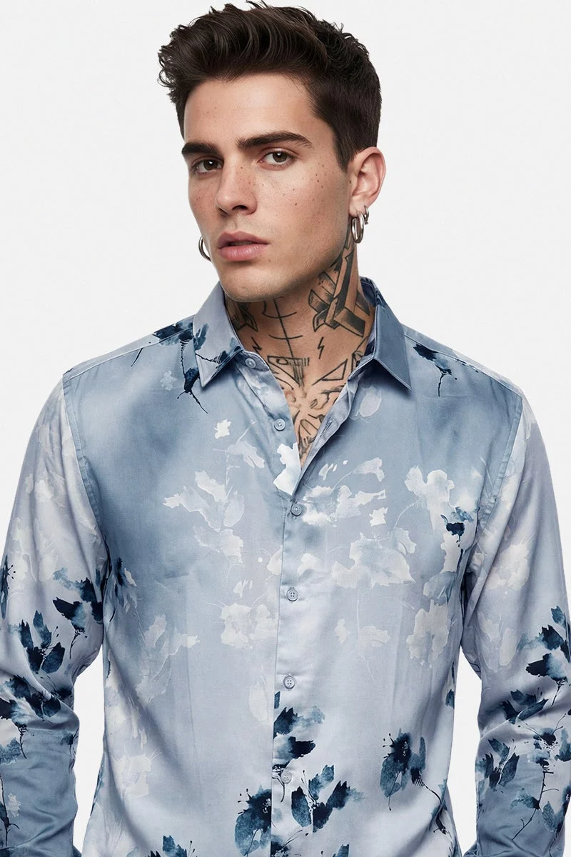 سنيتش Light Blue Floral Long Sleeve Slim Fit Party Shirt
