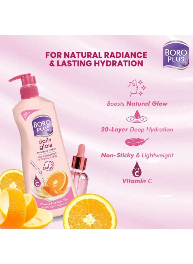 BoroPlus Daily Glow serum in Body Lotion | With Niacinamide, Orange Peel & Triple UV Filters | 24 hrs Moisturisation | For Glowing Even Tone Skin | All Seasons | All Skin Types | No Added Parabens | 400ml - Image 3