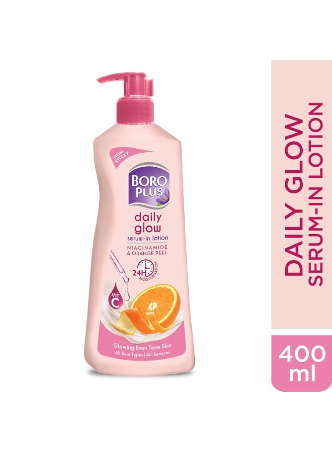 BoroPlus Daily Glow serum in Body Lotion | With Niacinamide, Orange Peel & Triple UV Filters | 24 hrs Moisturisation | For Glowing Even Tone Skin | All Seasons | All Skin Types | No Added Parabens | 400ml - Image 2