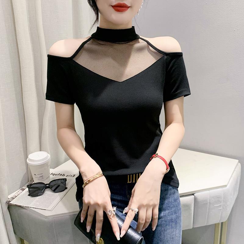 European-style sexy off-the-shoulder short-sleeved T-shirt for women 2023 Summer new stitching hollow bottoming shirt fashion small shirt for delivery - Image 2
