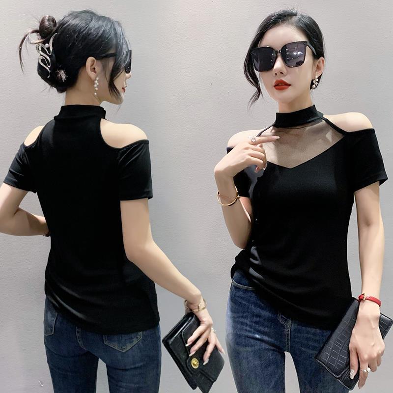 European-style sexy off-the-shoulder short-sleeved T-shirt for women 2023 Summer new stitching hollow bottoming shirt fashion small shirt for delivery - Image 5
