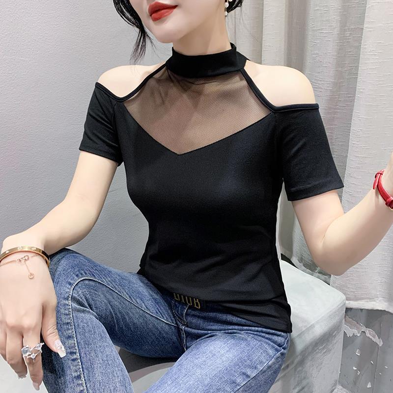 European-style sexy off-the-shoulder short-sleeved T-shirt for women 2023 Summer new stitching hollow bottoming shirt fashion small shirt for delivery - Image 1
