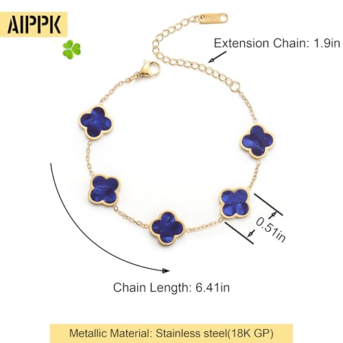 AIPPK سوار الحظ من البرسيم مطلي بالذهب عيار 18 للنساء باللون الأبيض/ الأسود/ الأحمر/ الأخضر زهور بأربعة أوراق سوار رابط مجوهرات عصرية هدايا للنساء (أزرق داكن) - Image 2