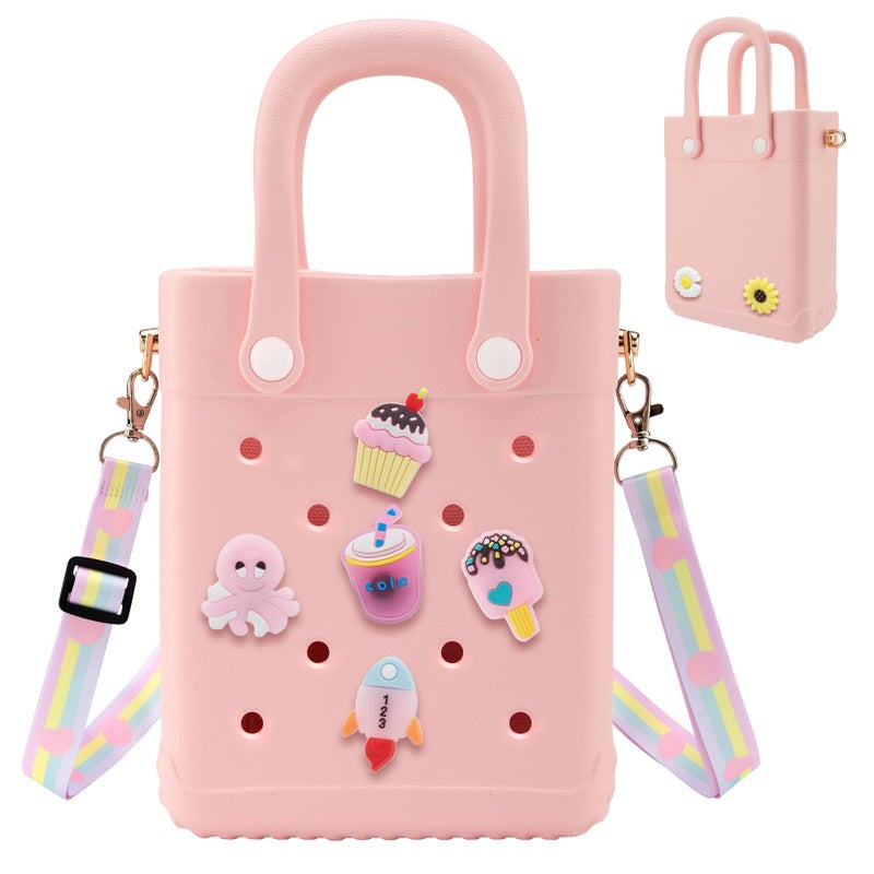 BKFOLIUM Mini Rubber Tote Bag, EVA Beach Tote with 30 Charms, Cute Bag for Little Girl & Women with Adjustable Shoulder Strap - Image 1