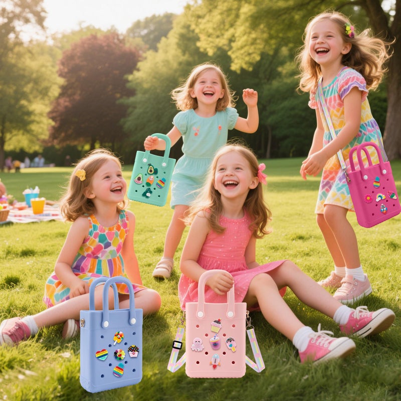 BKFOLIUM Mini Rubber Tote Bag, EVA Beach Tote with 30 Charms, Cute Bag for Little Girl & Women with Adjustable Shoulder Strap - Image 2