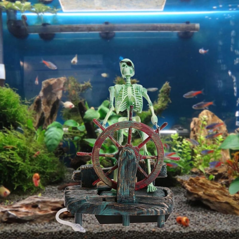 Eyech Aquarium Ornament Pirate Captain Skeleton Seaman Landscape Fish Tank Decor Undersea AirDriven Aquatic Ornament Decorations for Home Fishing TankArts CraftsDecoratingGreen - Image 5