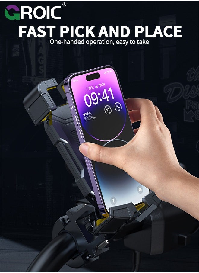 GROIC - Motorcycle Phone Mount Bike Phone Holder for Bicycle - Quick Install Handlebar Clip Anti-Shake, Stable & Sturdy, Aluminum Alloy, Compatible with iPhone, Samsung, All Cell Phones - Image 1